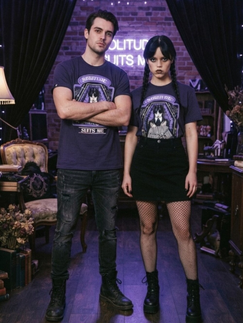 EUC ​Unisex Wednesday Addams "Solitude Suits Me" Graphic Tee Steven Rhodes SZ XL